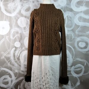 JACQUISUE Wmns L Brown Mock Turtle Cable Knit Sweater Removable Faux Fur Cuffs